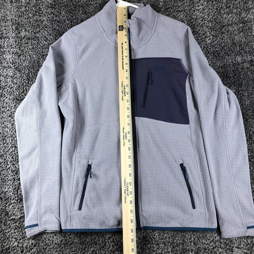 L.L. Bean Jacket Mens Medium Gray Fleece Full Zip Grid Check Hiking‎ Outdoor